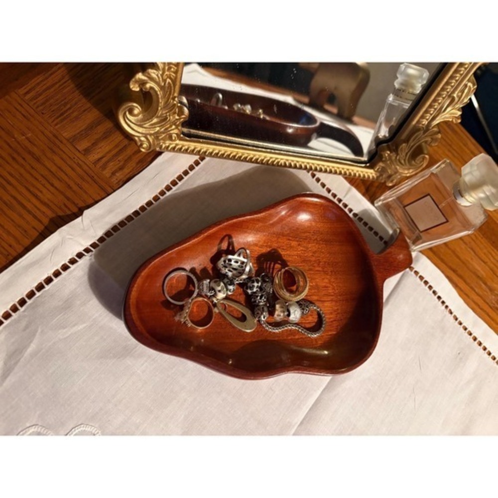 Vintage Haitian Mahogany Wood Leaf Dish - Hand‎ Carved MCM Trinket Tray